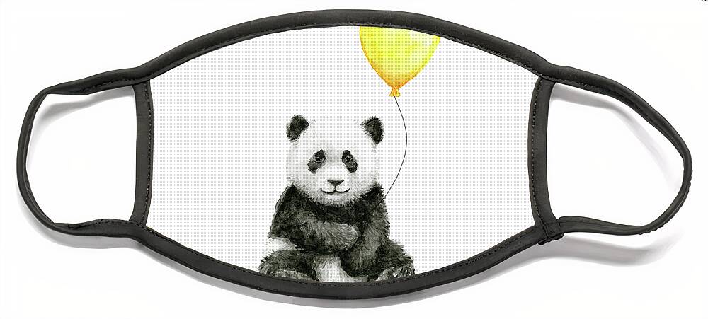 Baby Panda Face Mask featuring the painting Panda Baby with Yellow Balloon by Olga Shvartsur