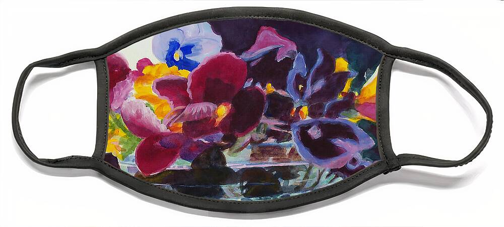Paintings Face Mask featuring the painting Pansies in Crystal Vase  by Kathy Braud