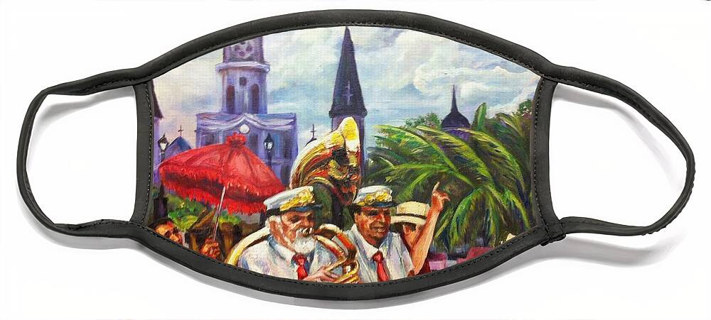 New Orleans Face Mask featuring the painting Parade Past the Cathedral by Beverly Boulet