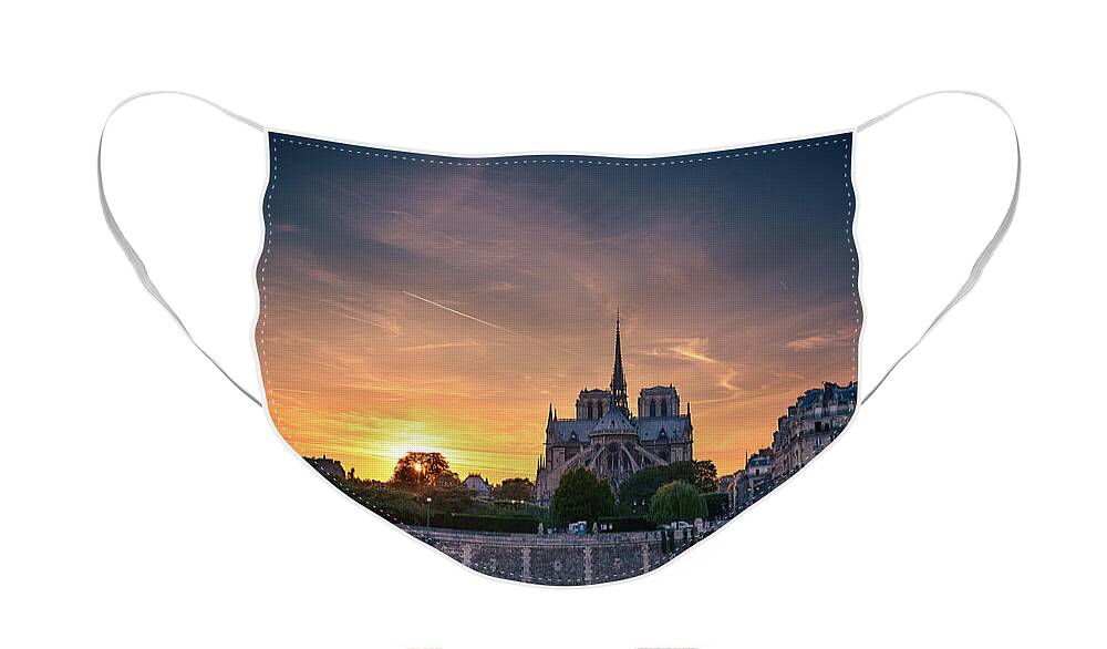 Notre Face Mask featuring the photograph Paris, Notre Dame Cathedral at sunset by Sergey Taran