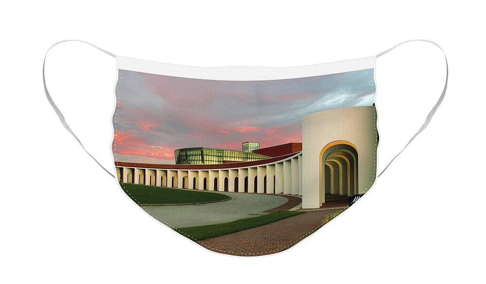 Ferguson Center Archway Face Mask featuring the photograph Pastel Skies Above the Ferguson Center for the Arts by Ola Allen