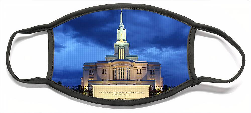 Mormon Face Mask featuring the photograph Payson Temple at Dusk by K Bradley Washburn
