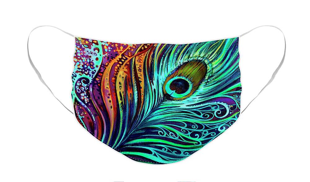 Peacock Face Mask featuring the painting Peacock Feather by Laura Zollar