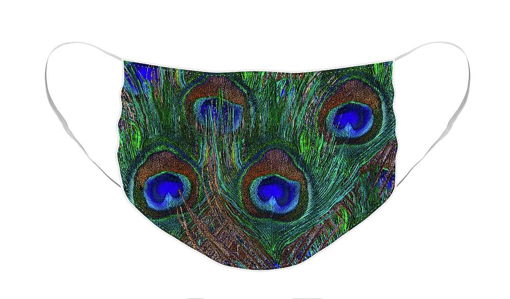 Elegant Face Mask featuring the digital art Peacock Feathers Exotic Festive Decor of Blues and Greens by Garaga Designs