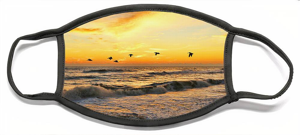 Pelicans Face Mask featuring the photograph Pelicans at Sunrise signed 4651b 2 by Jack Schultz