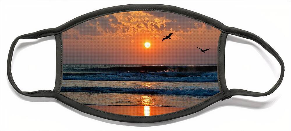 Obx Sunrise Face Mask featuring the photograph Pelicans on the move by Barbara Ann Bell