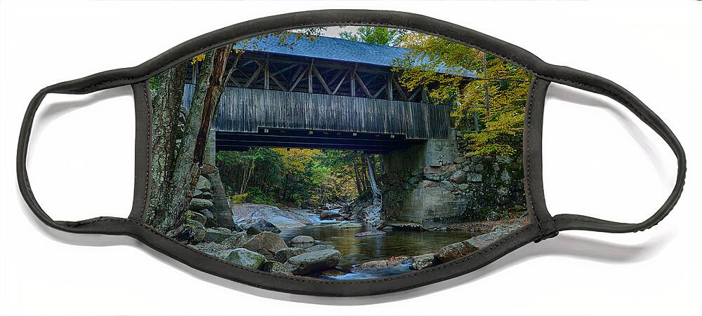 Flume Gorge Covered Bridge Face Mask featuring the photograph Pemigewasset River under the Flume Gorge covered bridge by Jeff Folger