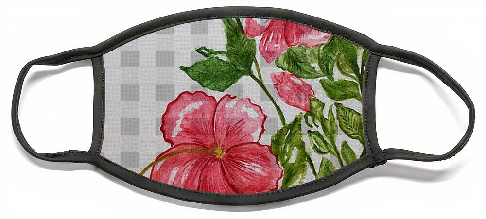 Floral Face Mask featuring the painting Pink Hibiscus with Butterfly by Susan Nielsen