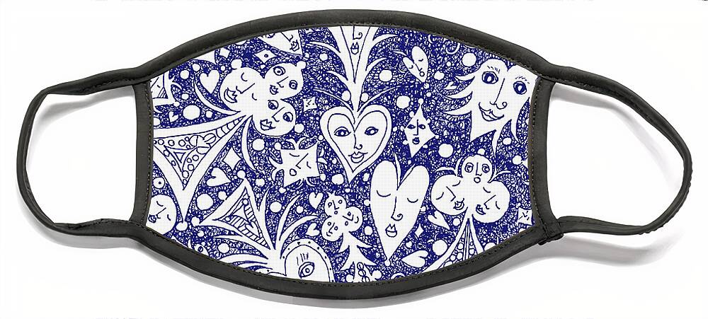 Lise Winne Face Mask featuring the drawing Playing Card Symbols with Faces in Blue by Lise Winne