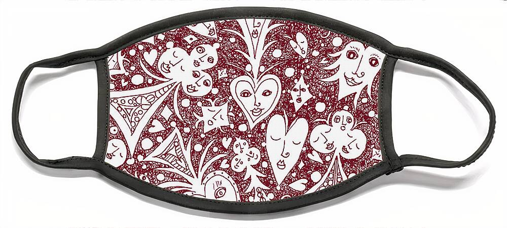 Lise Winne Face Mask featuring the drawing Playing Card Symbols with Faces in Red by Lise Winne