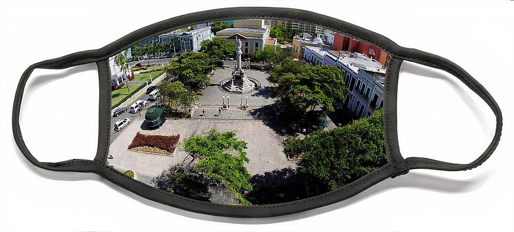Darin Volpe Architecture Face Mask featuring the photograph Eye on Old San Juan -- Plaza de Colon in San Juan, Puerto Rico by Darin Volpe