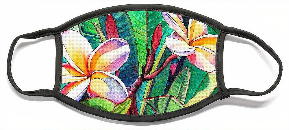 Plumeria Face Mask featuring the painting Plumeria Garden by Marionette Taboniar