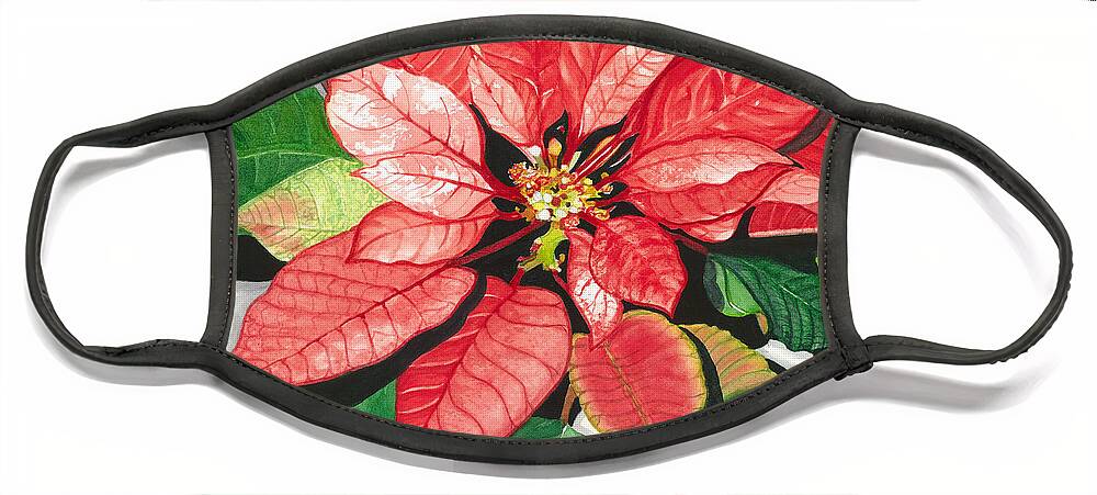 Red Flower Face Mask featuring the painting Poinsettia, Star of Bethlehem by Barbara Jewell