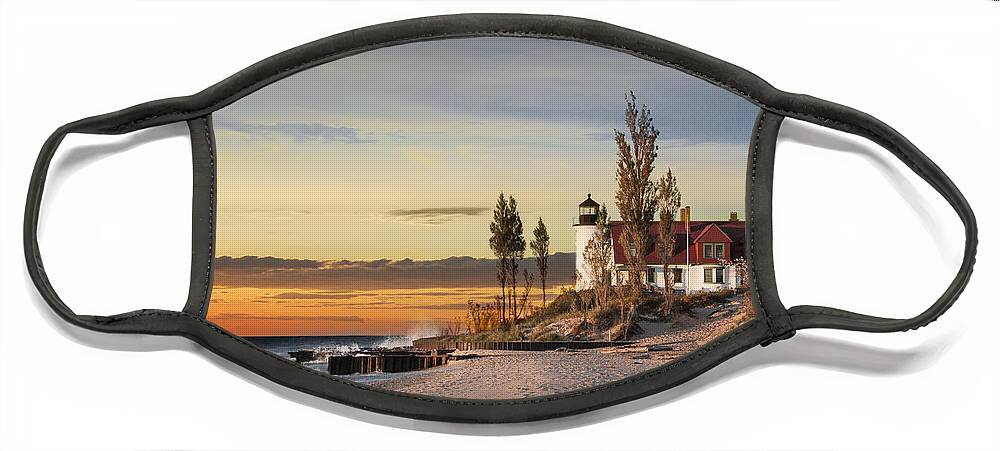 Art Face Mask featuring the photograph Point Betsie Lighthouse at Sunset on Lake Michigan by Randall Nyhof