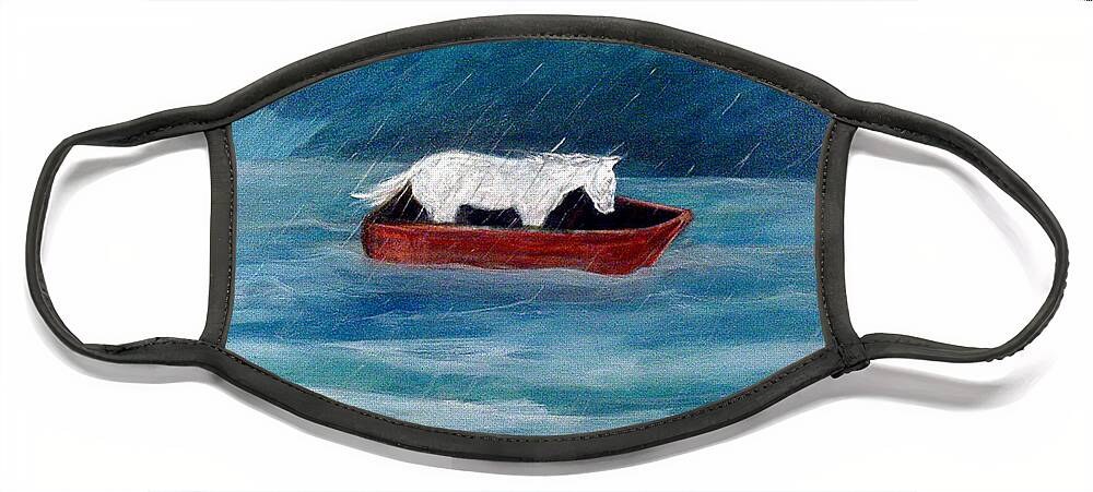 Katt Yanda Original Art Landscape Oil Painting Canvas White Pony Red Boat Ocean Sea Rain Storm Clouds Waves Face Mask featuring the painting Pony in a Red Boat by Katt Yanda