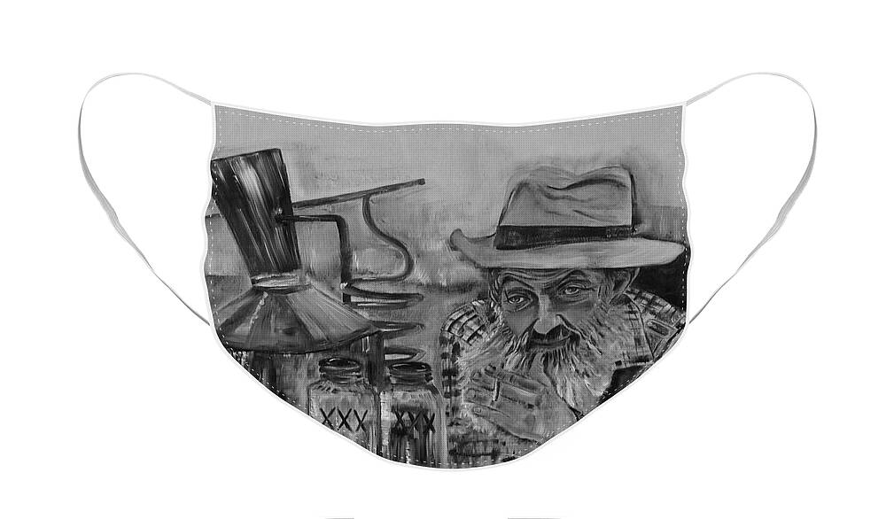Popcorn Sutton Face Mask featuring the painting Popcorn Sutton - Black and White - Waiting on Shine by Jan Dappen