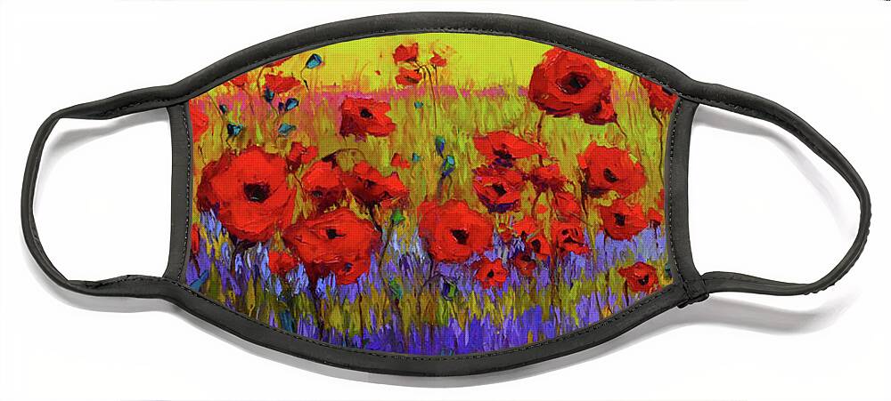 Colorful Wildflowers Face Mask featuring the painting Poppy Flower Field Oil Painting with Palette knife by Patricia Awapara