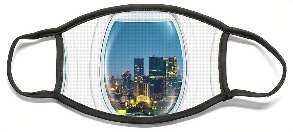 Aerial Face Mask featuring the photograph Porthole frame on Tokyo Tower by Benny Marty