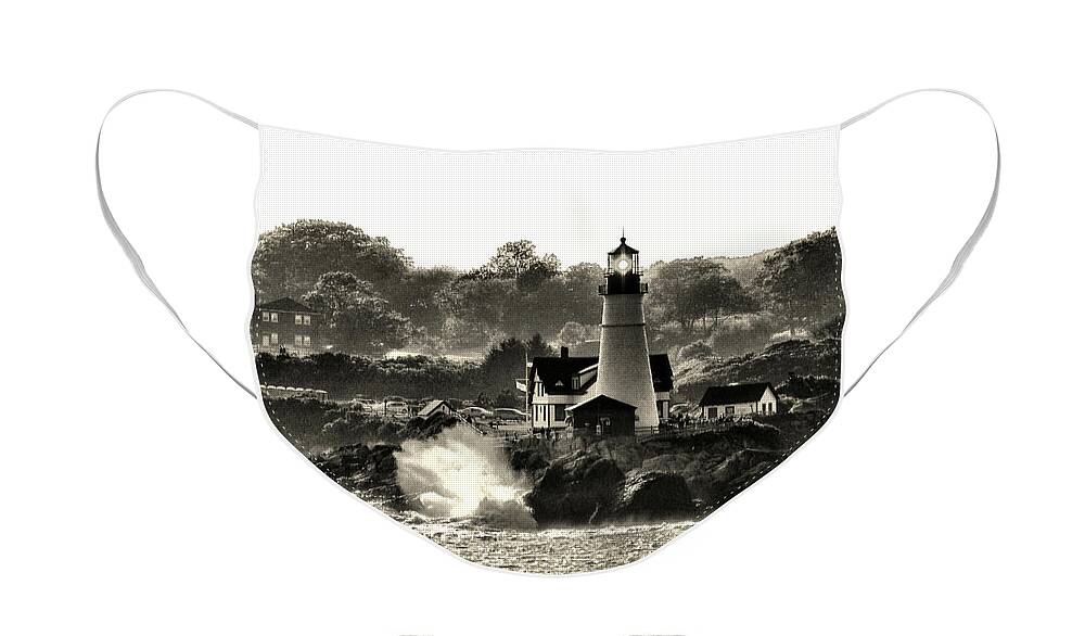 Portland Head Light Face Mask featuring the photograph Portland Head Light at Cape Elizabeth in Black and White by Bill Swartwout