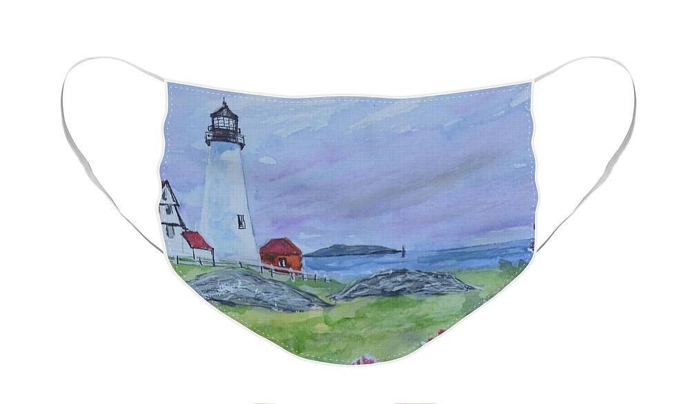 Lighthouse Face Mask featuring the painting Portland Headlight Roses by Kellie Chasse