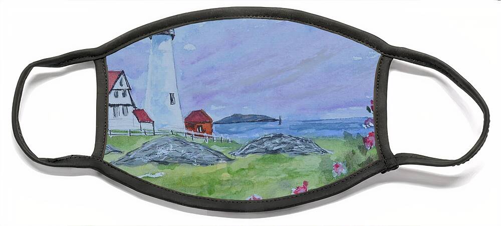 Lighthouse Face Mask featuring the painting Portland Headlight Roses by Kellie Chasse