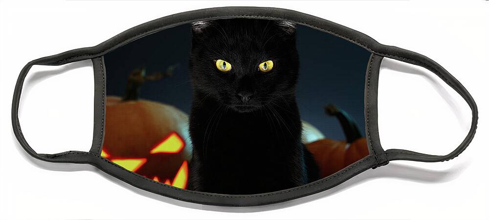 Portrait Face Mask featuring the photograph Portrait of Black Cat with pumpkin on Halloween by Sergey Taran