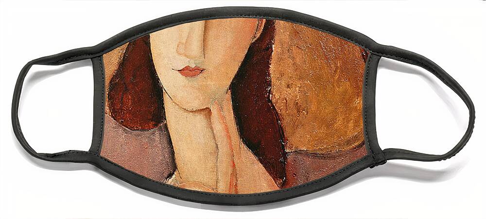 Portrait Face Mask featuring the painting Portrait of Jeanne Hebuterne in a large hat by Amedeo Modigliani
