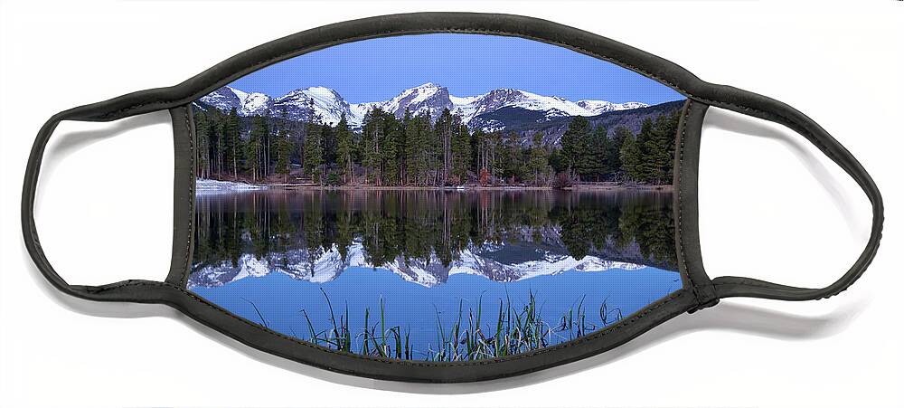 Sprague Lake Face Mask featuring the photograph Pre dawn image of the Continental Divide and a Sprague Lake refl by Ronda Kimbrow