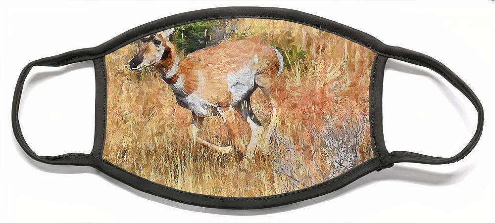 Yellowstone Face Mask featuring the painting Pronghorn near Yellowstone by Mitchell R Grosky