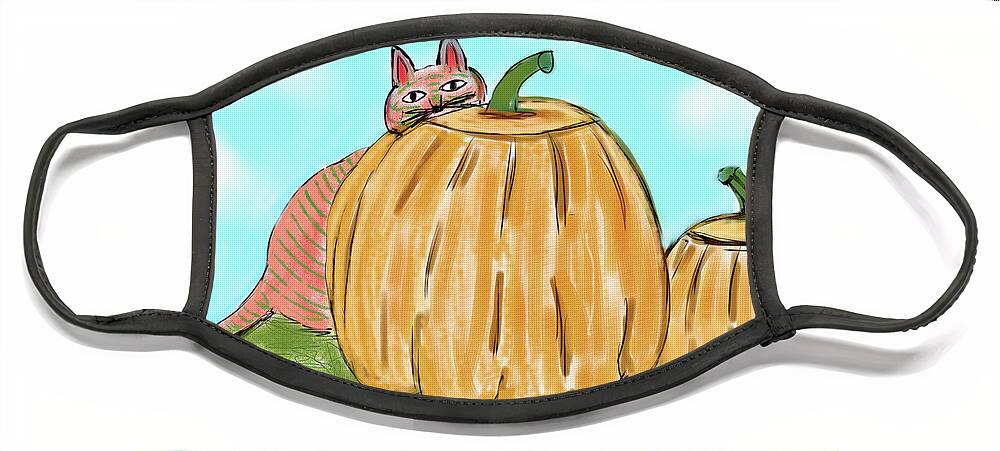 Landscape Face Mask featuring the digital art Pumpkin Cat by Christina Wedberg