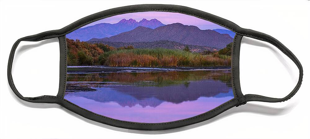 Four Peaks Face Mask featuring the photograph Purple Four Peaks Reflections by Dave Dilli
