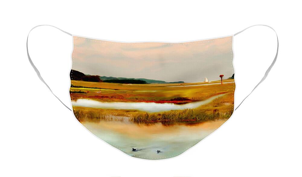 Essex River Face Mask featuring the painting Racing the Tide by Sand And Chi