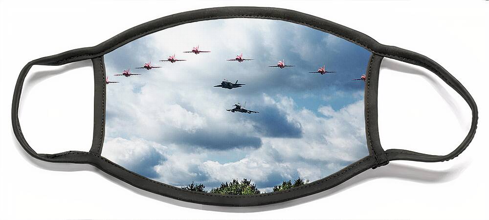 Red Arrows With F35 And Typhoons Face Mask featuring the digital art RAF Fly By by Airpower Art
