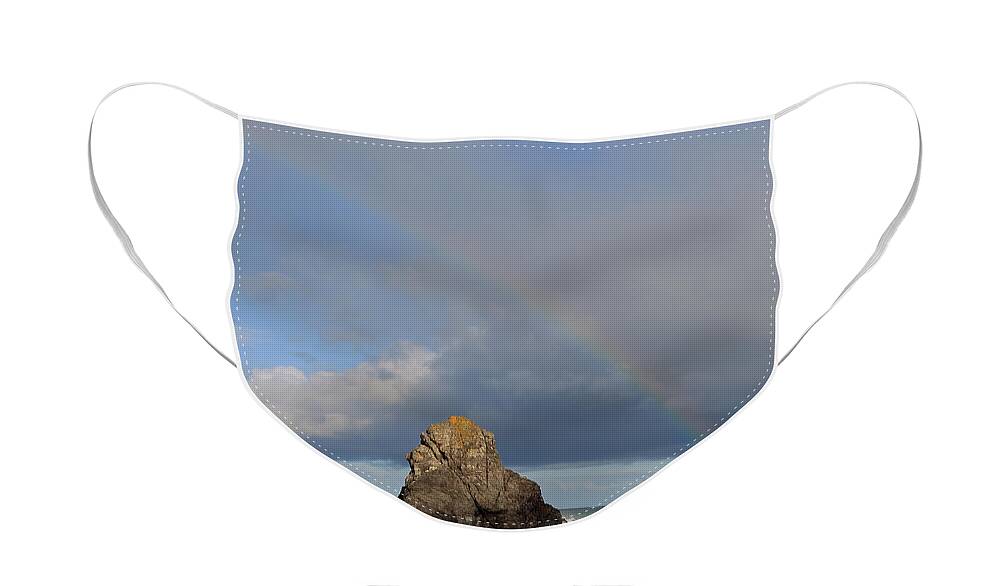 Durness Face Mask featuring the photograph Rainbow above Sango Bay Sea Stack by Maria Gaellman