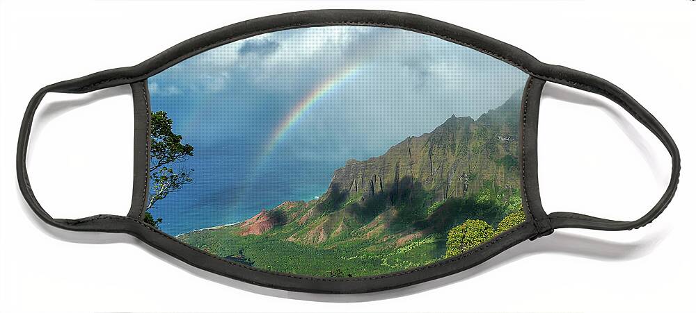 Landscape Face Mask featuring the photograph Rainbow at Kalalau Valley by James Eddy