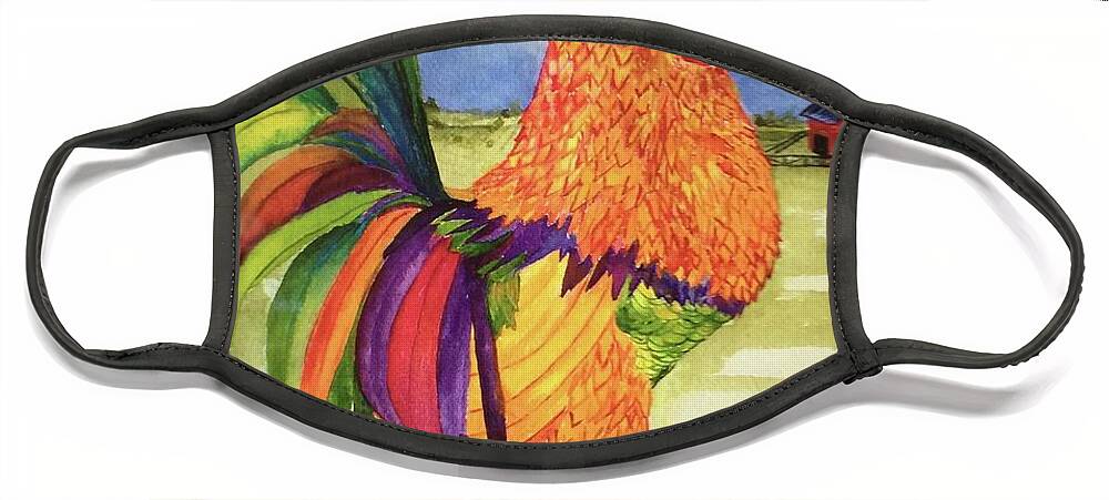 Rooster. Chicken Face Mask featuring the painting Rainbow Rooster by Jane Ricker