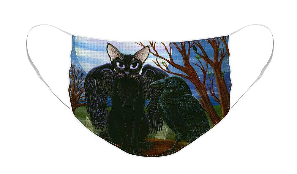 Black Cat Face Mask featuring the painting Raven's Moon Black Cat Crow by Carrie Hawks