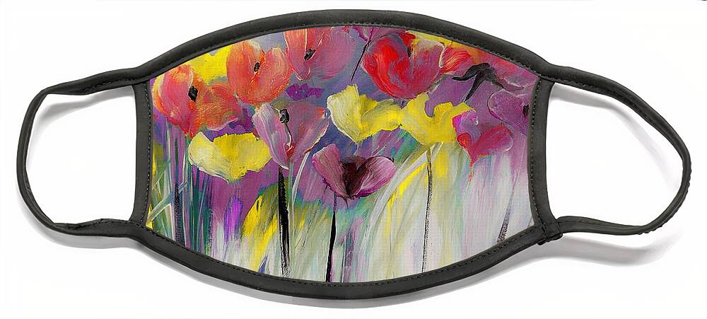 Floral Face Mask featuring the digital art Red and Yellow Floral Field Painting by Lisa Kaiser