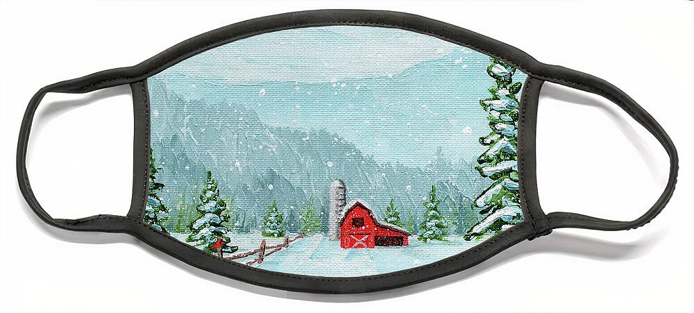 Red Barn Face Mask featuring the painting Red Barn in the Snow by Annie Troe