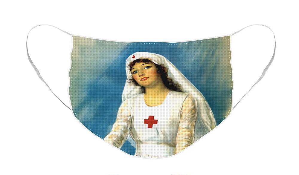 Ww1 Face Mask featuring the painting Red Cross Nurse - WW1 by War Is Hell Store