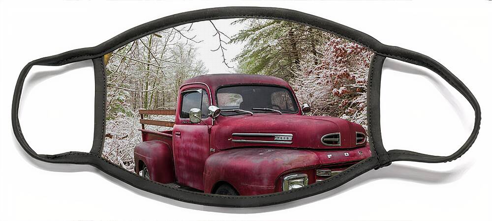 Truck Face Mask featuring the photograph Red Ford Truck in the Snow by Debra and Dave Vanderlaan