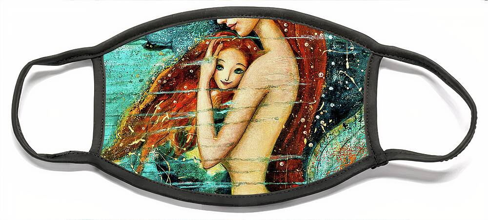 Mermaid Art Face Mask featuring the painting Red Hair Mermaid Mother and Child by Shijun Munns