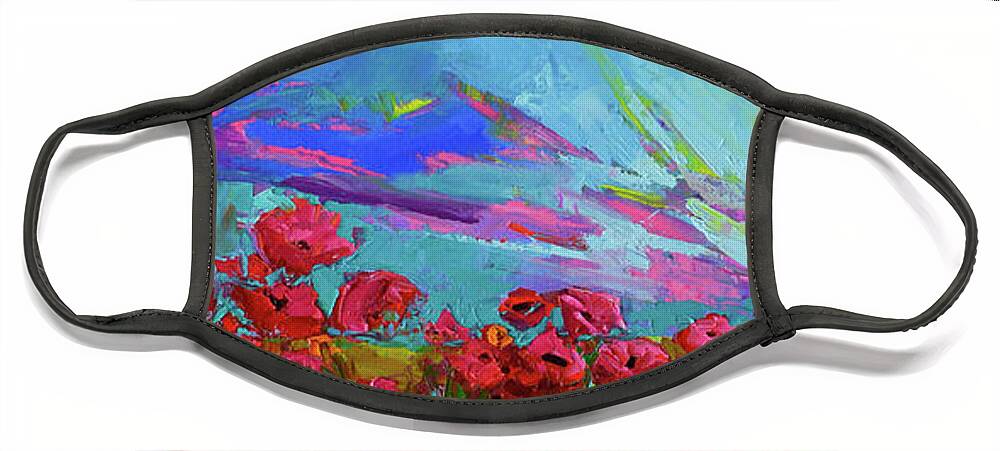 Red Poppy Flower Field Face Mask featuring the painting Red Poppy Flower Field, Impressionist Floral, palette knife artwork by Patricia Awapara