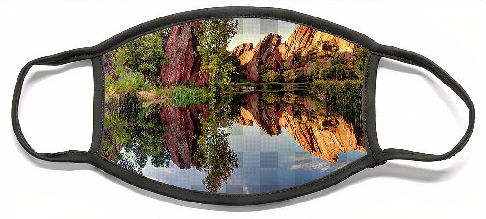 Colorado Face Mask featuring the photograph Colorado Roxborough Park and Arrowhead golf course Red Rocks Reflection by OLena Art
