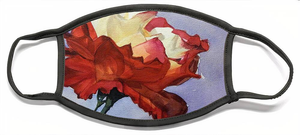 Watercolor Face Mask featuring the painting Watercolor of a Red and White Rose on Blue Field by Greta Corens
