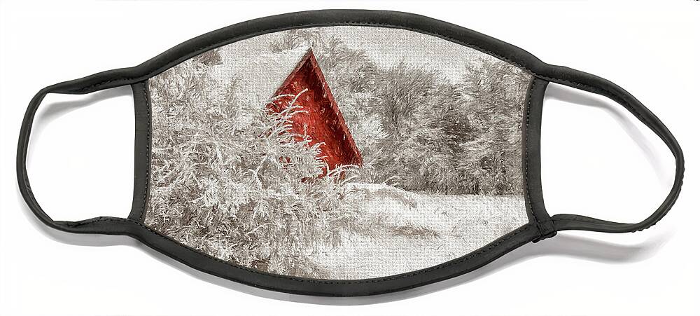Shed Face Mask featuring the digital art Red Shed In The Snow by Lois Bryan