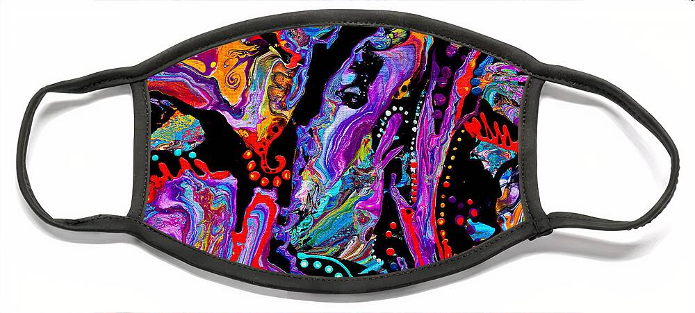 Fun Fishy Compelling Bright Colorful Popping Abstract Fluid-acrylics Contemporary Modern Fantasy-reef Black Bright Orange Blues Purple Face Mask featuring the painting Reef Fantasy #3081 by Priscilla Batzell Expressionist Art Studio Gallery