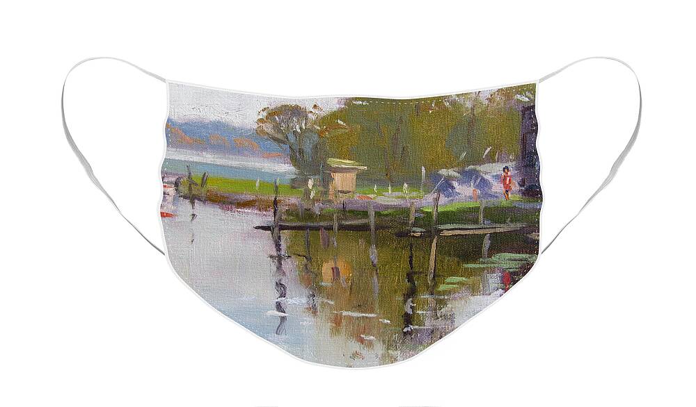 Reflections Face Mask featuring the painting Reflections at Ashville Bay Marina by Ylli Haruni