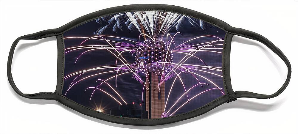 Reunion Tower Face Mask featuring the photograph Reunion Tower Fireworks by Robert Bellomy
