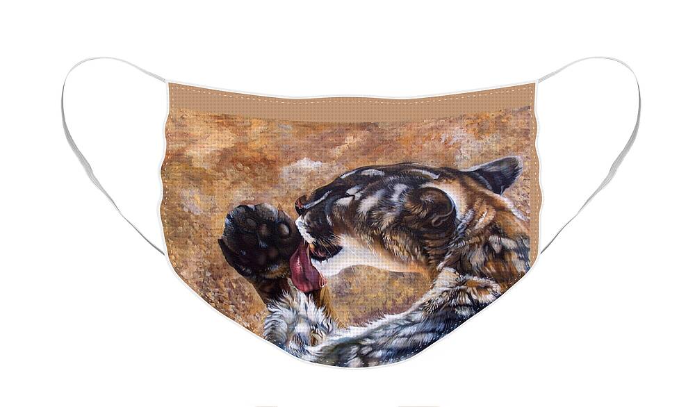 Catamount Face Mask featuring the painting Reverie by J W Baker
